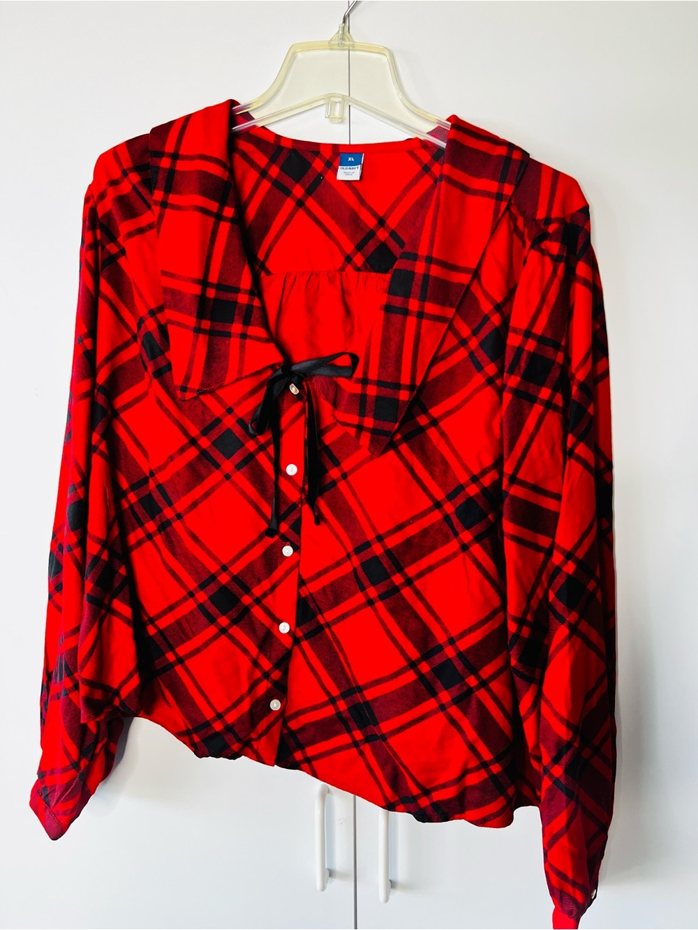Old Navy Red and Black Plaid Tie-Front Top